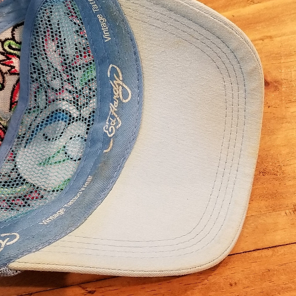 Ed Hardy Hat Cap Snapback Blue Tattoo Skull Dragon Logo Mesh Back Trucker - Picture 8 of 12
